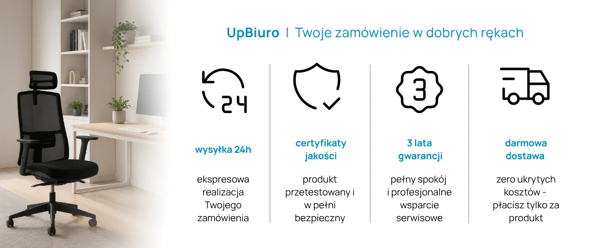 Ergonomiczny fotel biurowy TELA IntarSeating w czarnym kolorze na tle jasnego biura domowego. Obok widoczne zalety sklepu UpBiuro: wysyłka 24h, certyfikaty jakości, 3 lata gwarancji oraz darmowa dostawa.